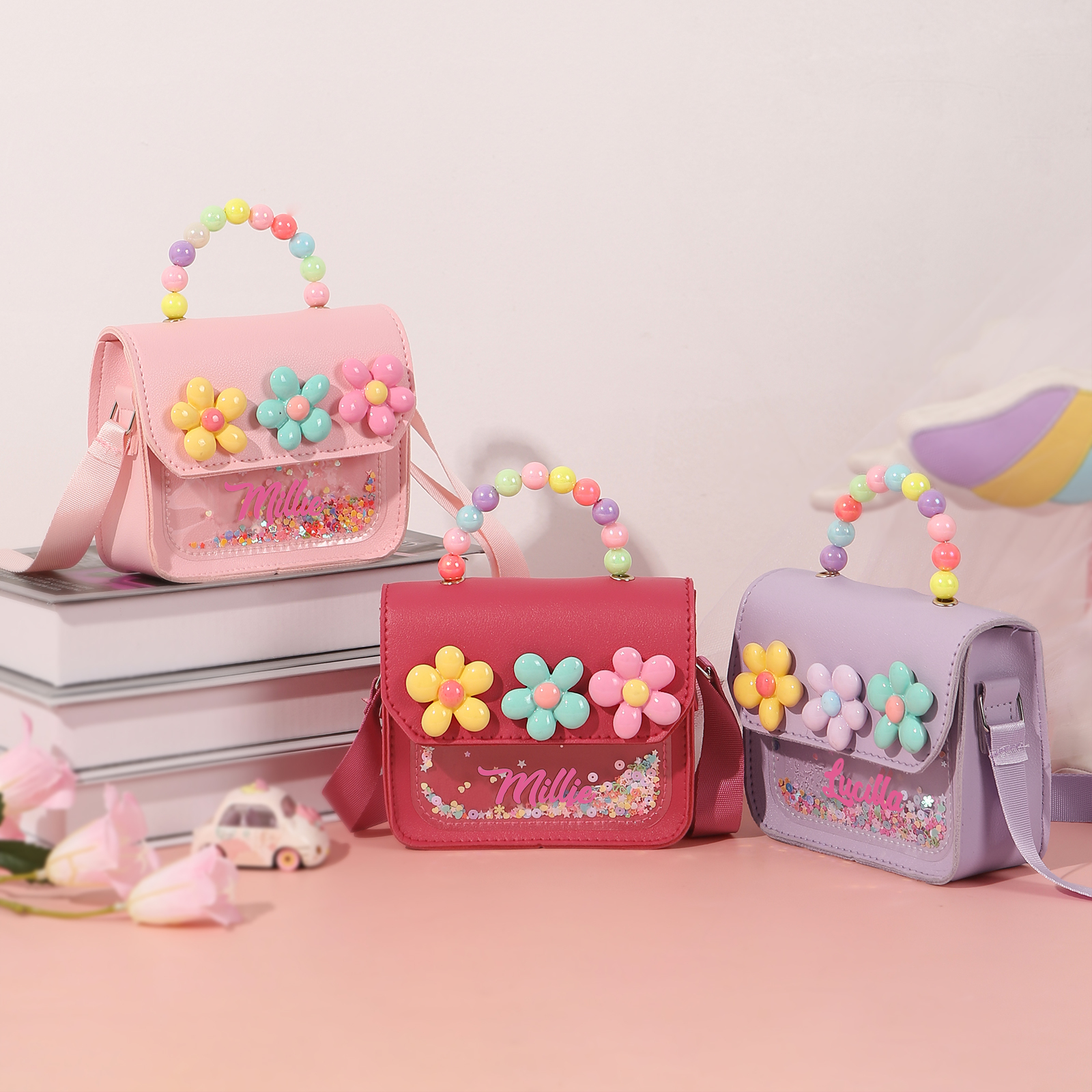 Personalised Kids’ Handbag with Colourful Beaded Handle & Flower Design – Custom Name, 5 Colours, Cute PU Shoulder Bag for Girls – Jessemade
