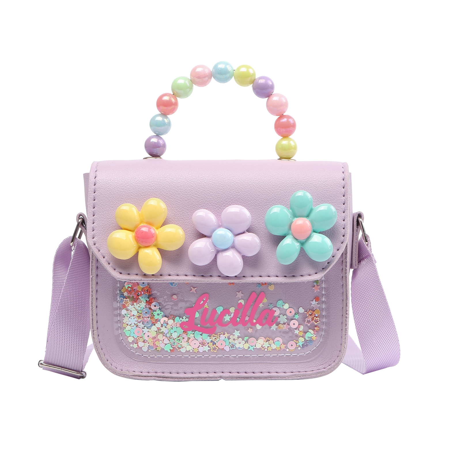 Personalised Kids’ Handbag with Colourful Beaded Handle & Flower Design – Custom Name, 5 Colours, Cute PU Shoulder Bag for Girls – Jessemade