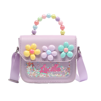 Personalised Kids’ Handbag with Colourful Beaded Handle & Flower Design – Custom Name, 5 Colours, Cute PU Shoulder Bag for Girls – Jessemade