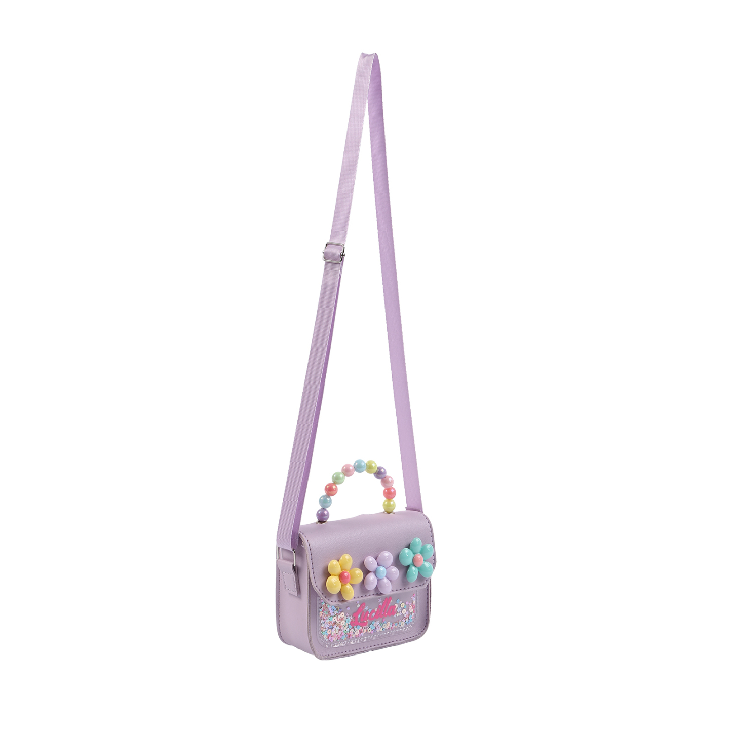 Personalised Kids’ Handbag with Colourful Beaded Handle & Flower Design – Custom Name, 5 Colours, Cute PU Shoulder Bag for Girls – Jessemade