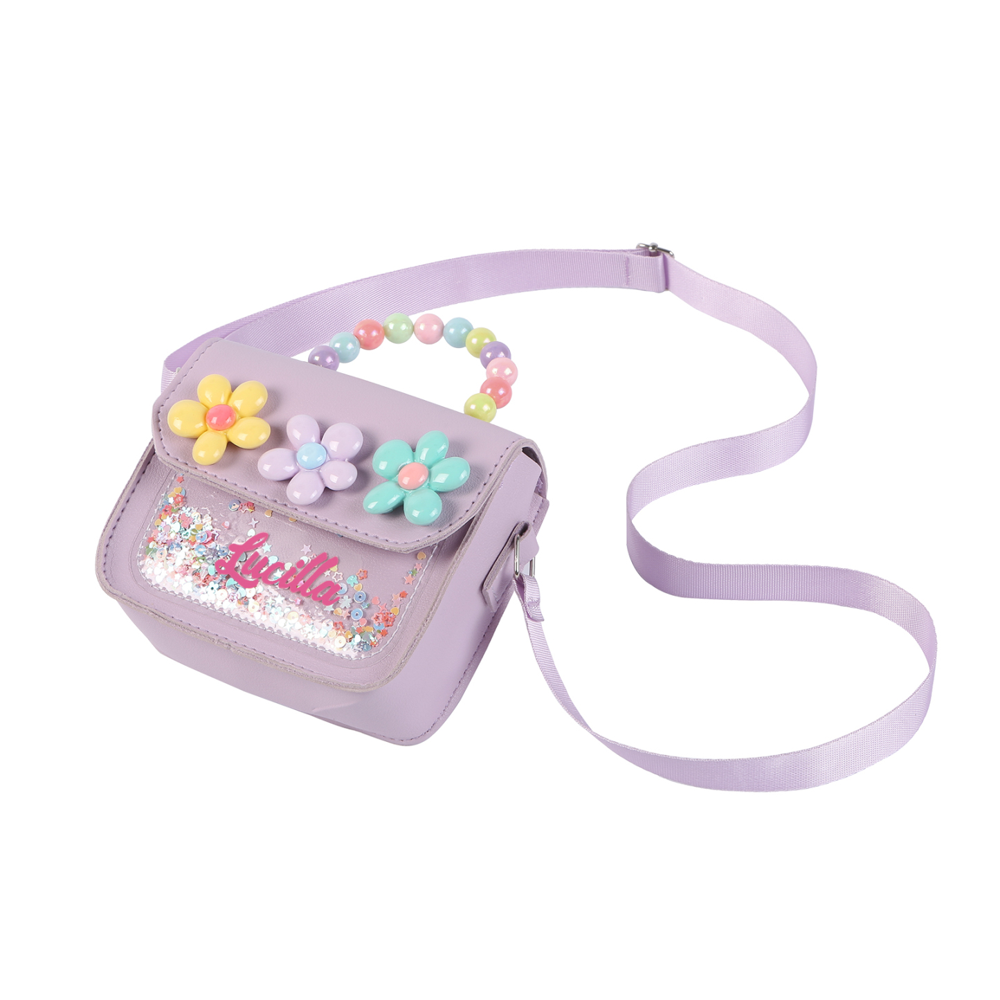 Personalised Kids’ Handbag with Colourful Beaded Handle & Flower Design – Custom Name, 5 Colours, Cute PU Shoulder Bag for Girls – Jessemade