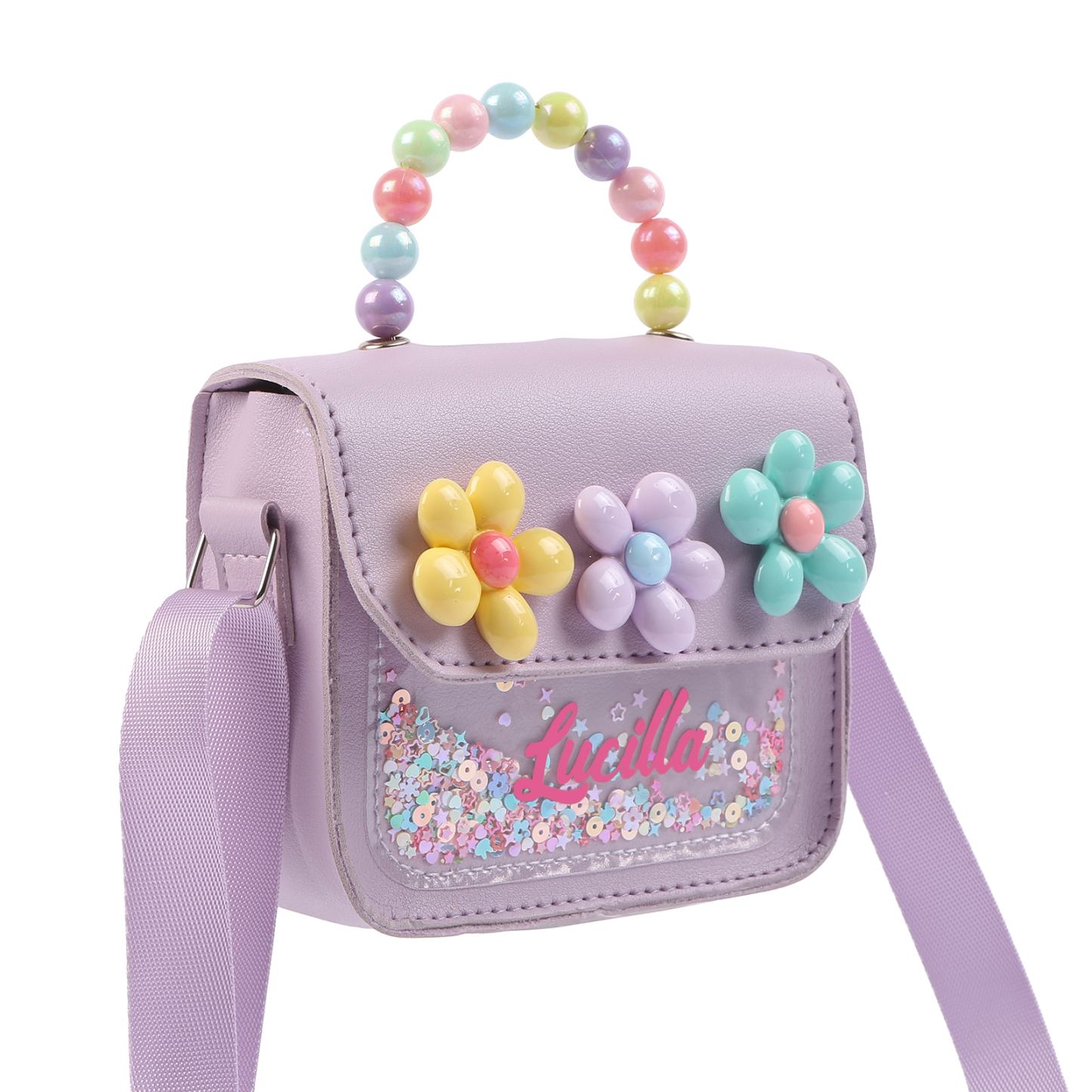Personalised Kids’ Handbag with Colourful Beaded Handle & Flower Design – Custom Name, 5 Colours, Cute PU Shoulder Bag for Girls – Jessemade
