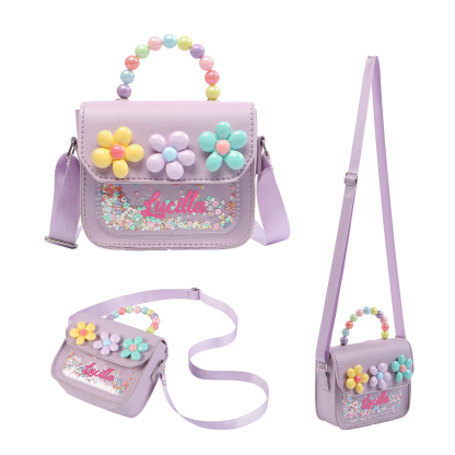 Personalised Kids’ Handbag with Colourful Beaded Handle & Flower Design – Custom Name, 5 Colours, Cute PU Shoulder Bag for Girls – Jessemade