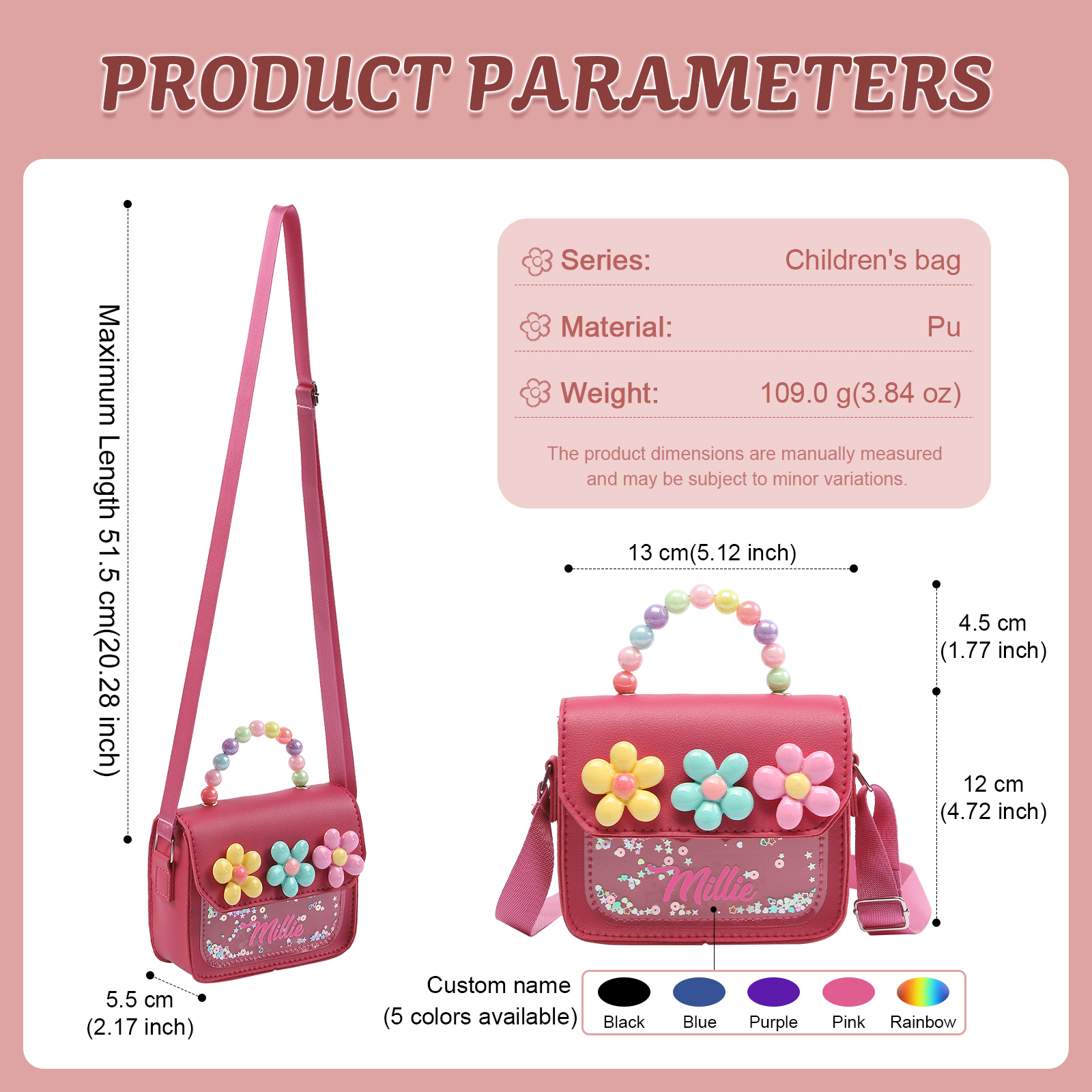 Personalised Kids’ Handbag with Colourful Beaded Handle & Flower Design – Custom Name, 5 Colours, Cute PU Shoulder Bag for Girls – Jessemade