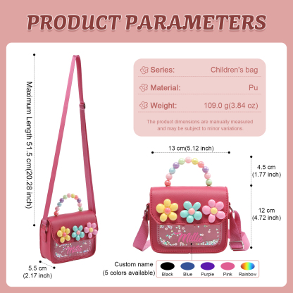 Personalised Kids’ Handbag with Colourful Beaded Handle & Flower Design – Custom Name, 5 Colours, Cute PU Shoulder Bag for Girls – Jessemade