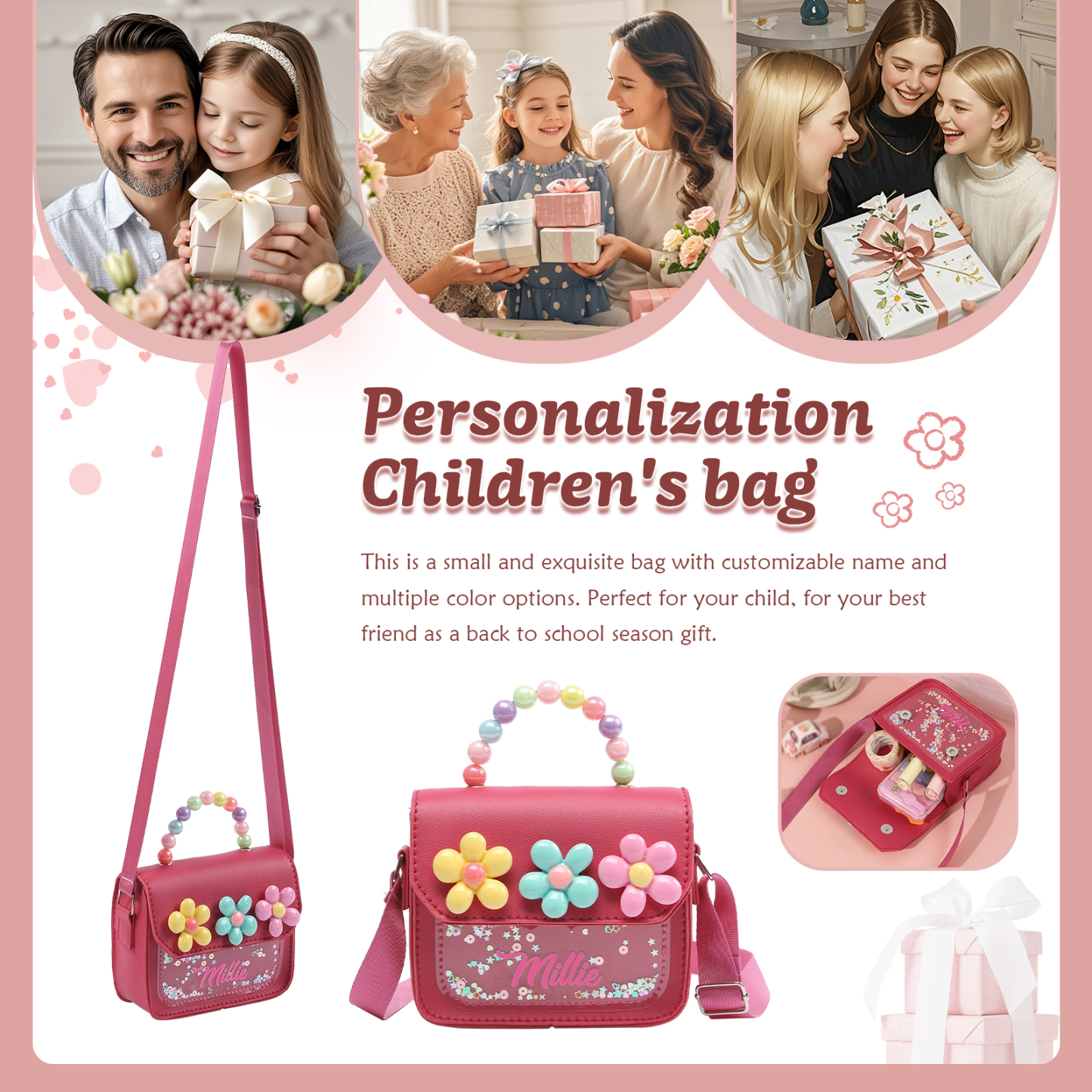 Personalised Kids’ Handbag with Colourful Beaded Handle & Flower Design – Custom Name, 5 Colours, Cute PU Shoulder Bag for Girls – Jessemade
