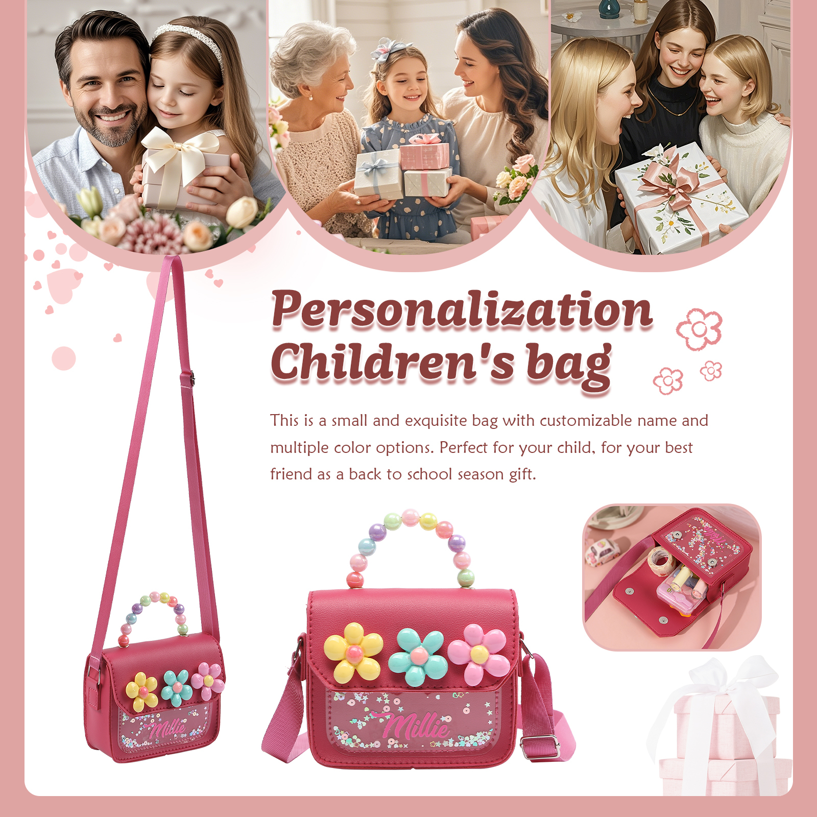 Personalised Kids’ Handbag with Colourful Beaded Handle & Flower Design – Custom Name, 5 Colours, Cute PU Shoulder Bag for Girls – Jessemade