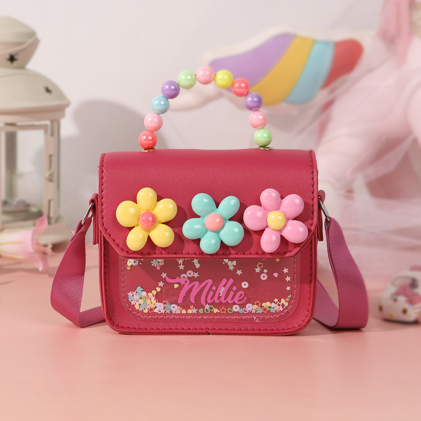 Personalised Kids’ Handbag with Colourful Beaded Handle & Flower Design – Custom Name, 5 Colours, Cute PU Shoulder Bag for Girls – Jessemade