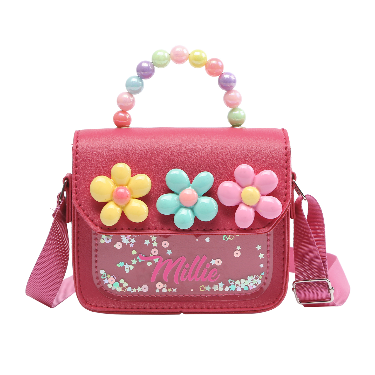Personalised Kids’ Handbag with Colourful Beaded Handle & Flower Design – Custom Name, 5 Colours, Cute PU Shoulder Bag for Girls – Jessemade