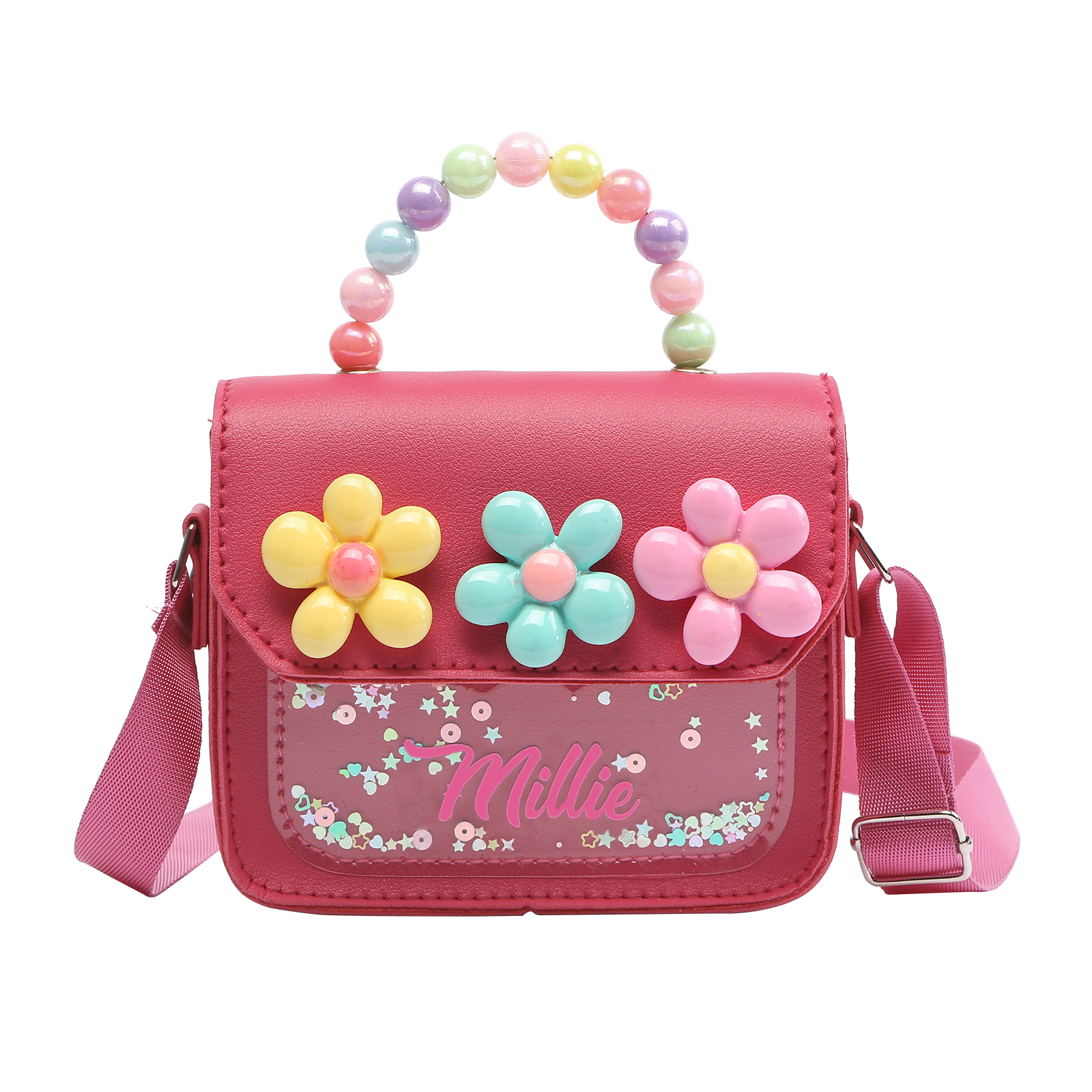 Personalised Kids’ Handbag with Colourful Beaded Handle & Flower Design – Custom Name, 5 Colours, Cute PU Shoulder Bag for Girls – Jessemade