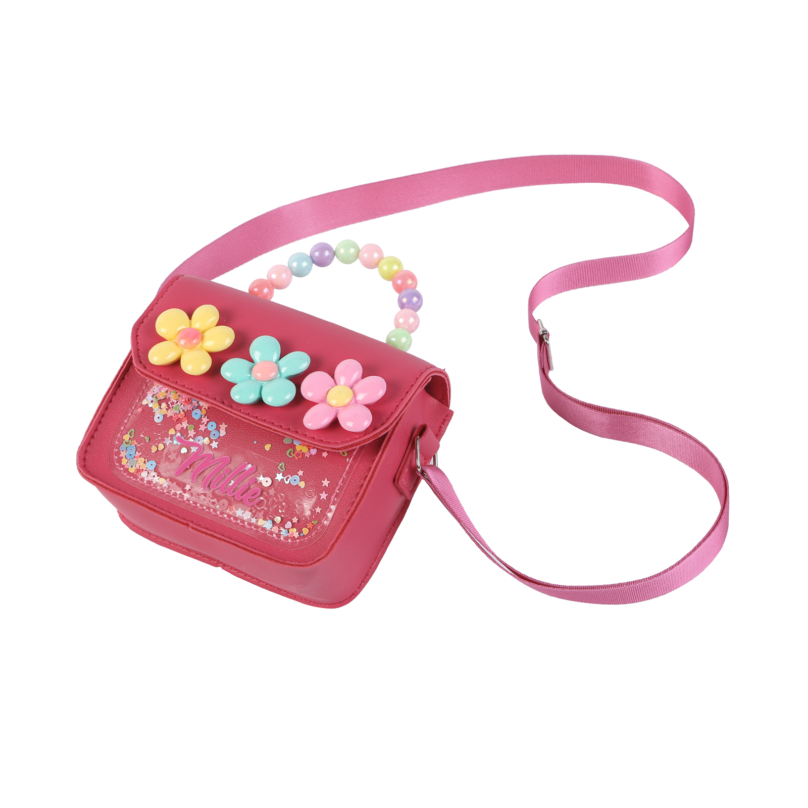 Personalised Kids’ Handbag with Colourful Beaded Handle & Flower Design – Custom Name, 5 Colours, Cute PU Shoulder Bag for Girls – Jessemade