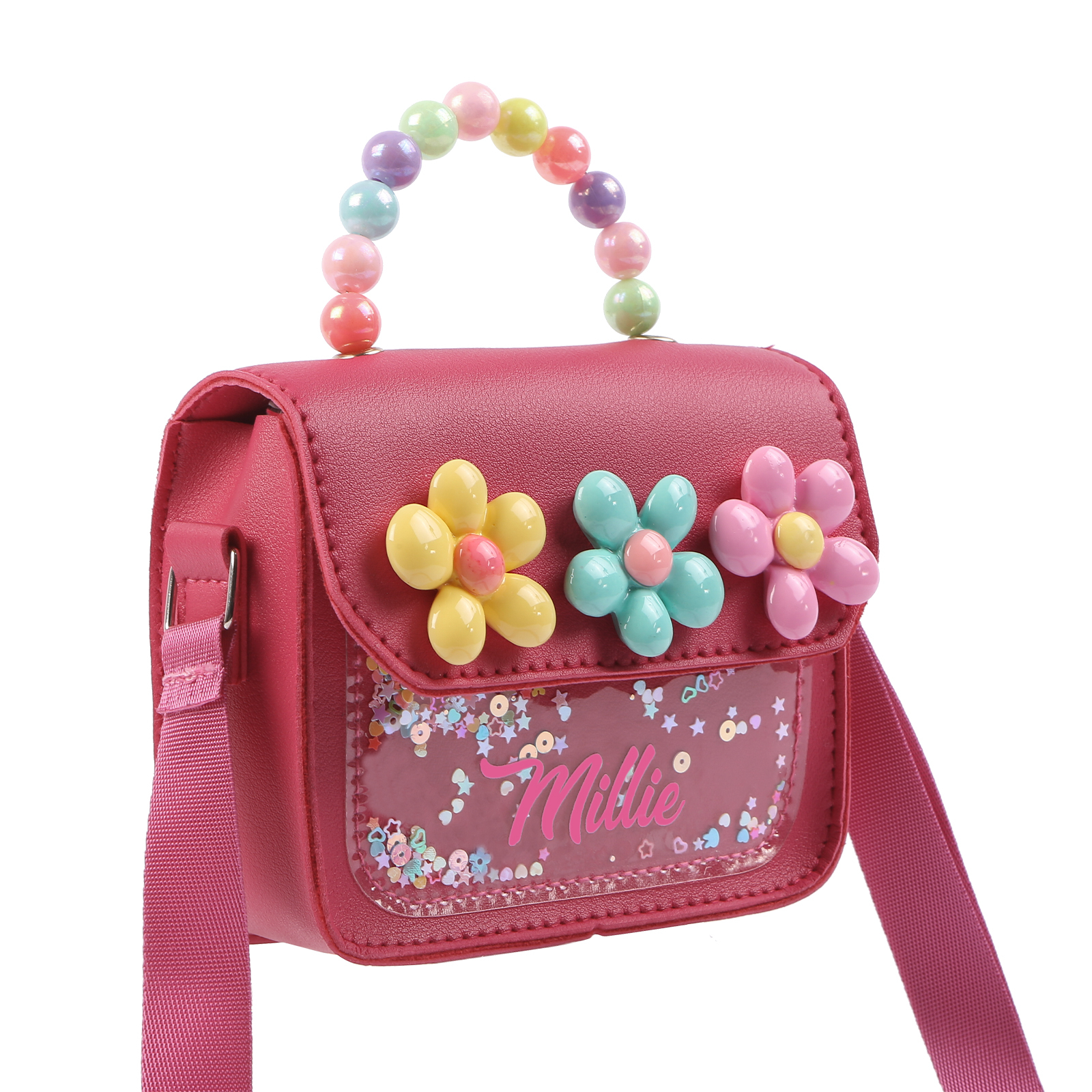 Personalised Kids’ Handbag with Colourful Beaded Handle & Flower Design – Custom Name, 5 Colours, Cute PU Shoulder Bag for Girls – Jessemade