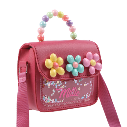 Personalised Kids’ Handbag with Colourful Beaded Handle & Flower Design – Custom Name, 5 Colours, Cute PU Shoulder Bag for Girls – Jessemade
