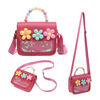Personalised Kids’ Handbag with Colourful Beaded Handle & Flower Design – Custom Name, 5 Colours, Cute PU Shoulder Bag for Girls – Jessemade