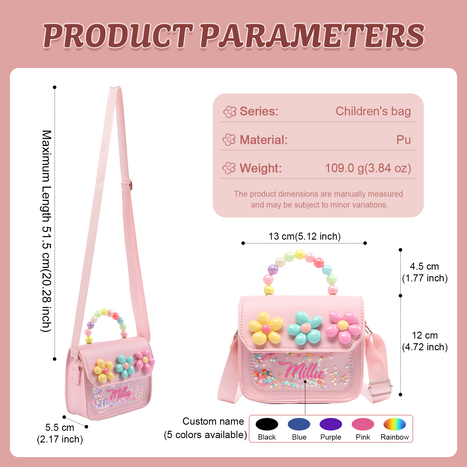 Personalised Kids’ Handbag with Colourful Beaded Handle & Flower Design – Custom Name, 5 Colours, Cute PU Shoulder Bag for Girls – Jessemade