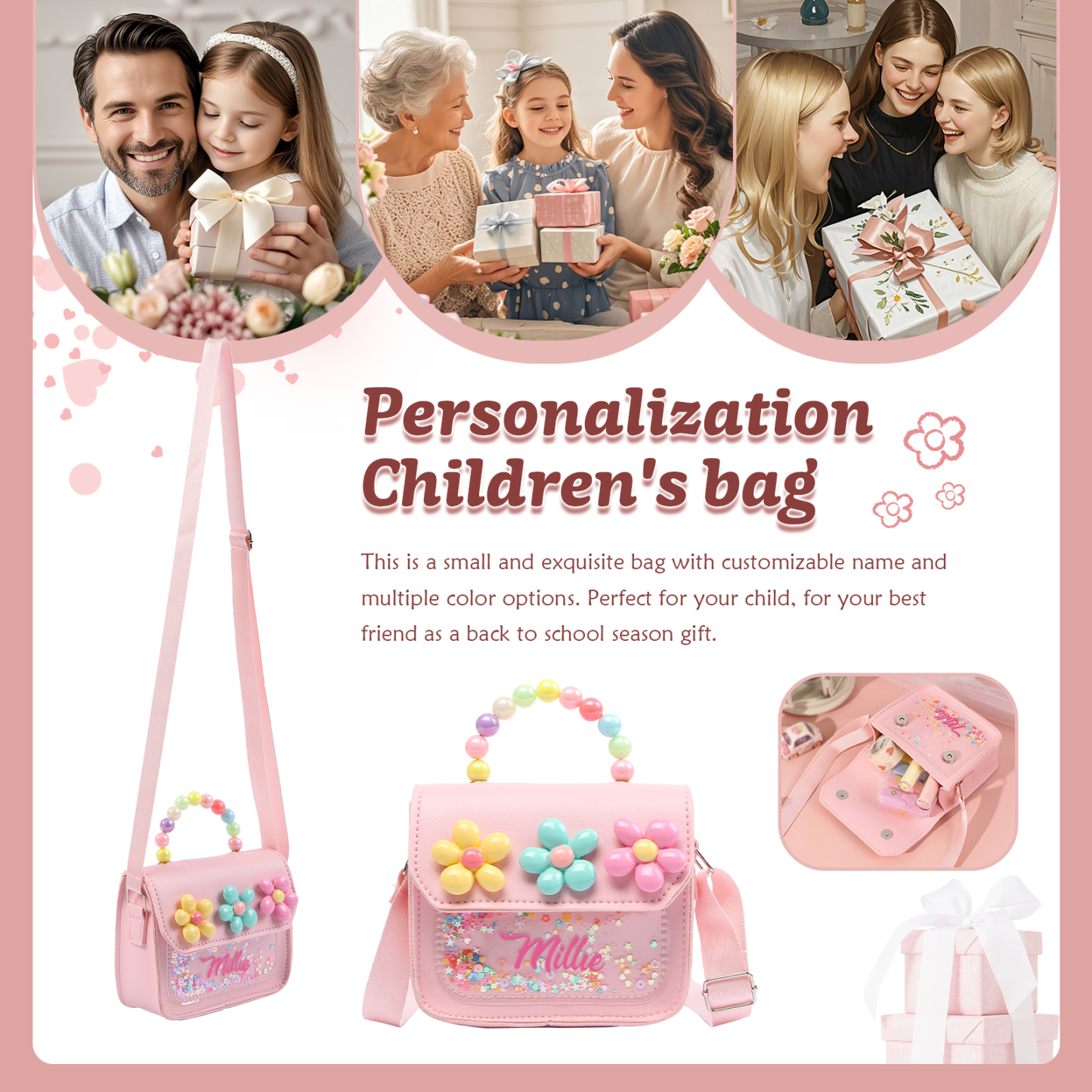 Personalised Kids’ Handbag with Colourful Beaded Handle & Flower Design – Custom Name, 5 Colours, Cute PU Shoulder Bag for Girls – Jessemade