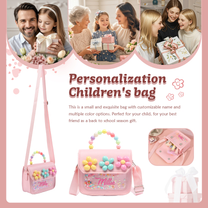 Personalised Kids’ Handbag with Colourful Beaded Handle & Flower Design – Custom Name, 5 Colours, Cute PU Shoulder Bag for Girls – Jessemade