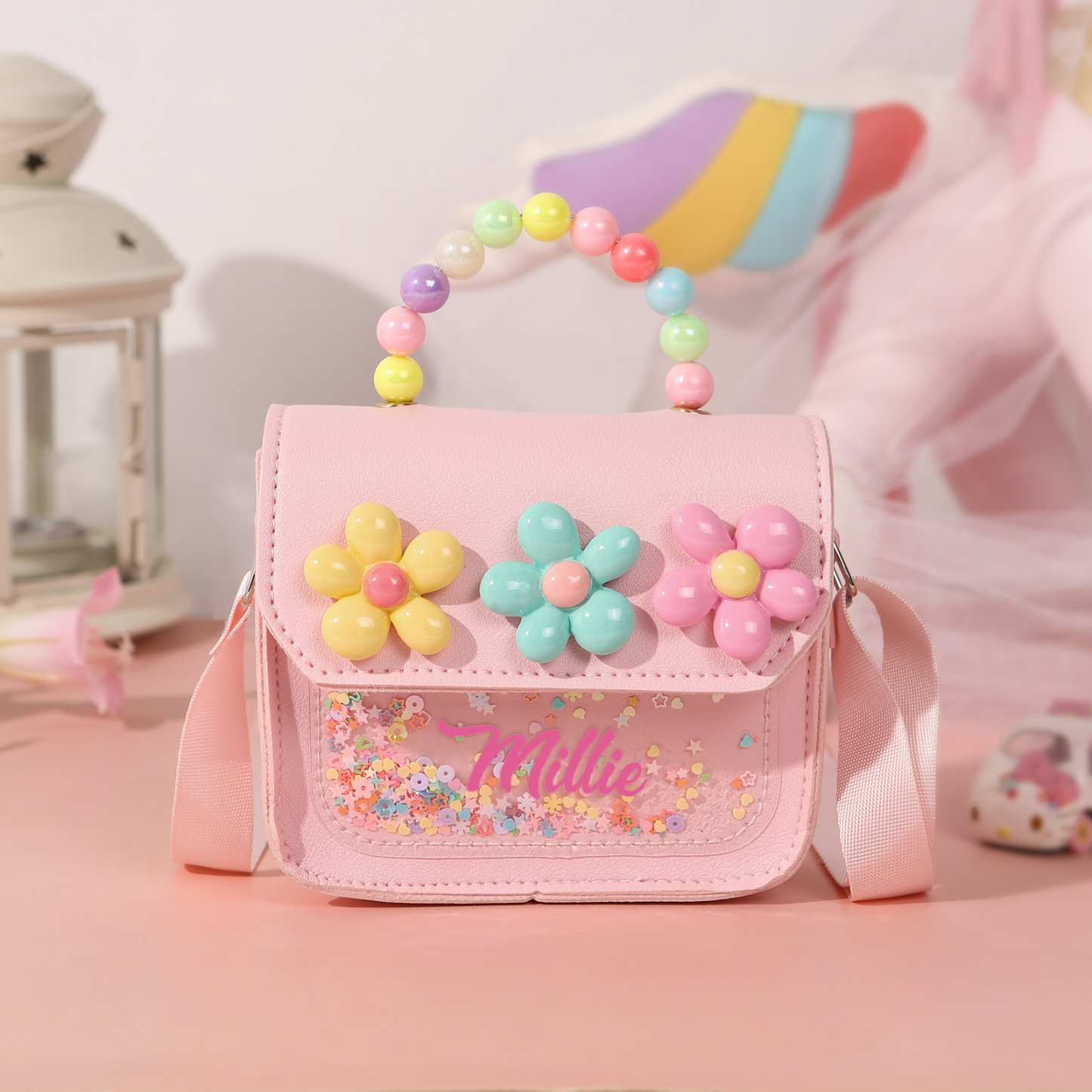 Personalised Kids’ Handbag with Colourful Beaded Handle & Flower Design – Custom Name, 5 Colours, Cute PU Shoulder Bag for Girls – Jessemade
