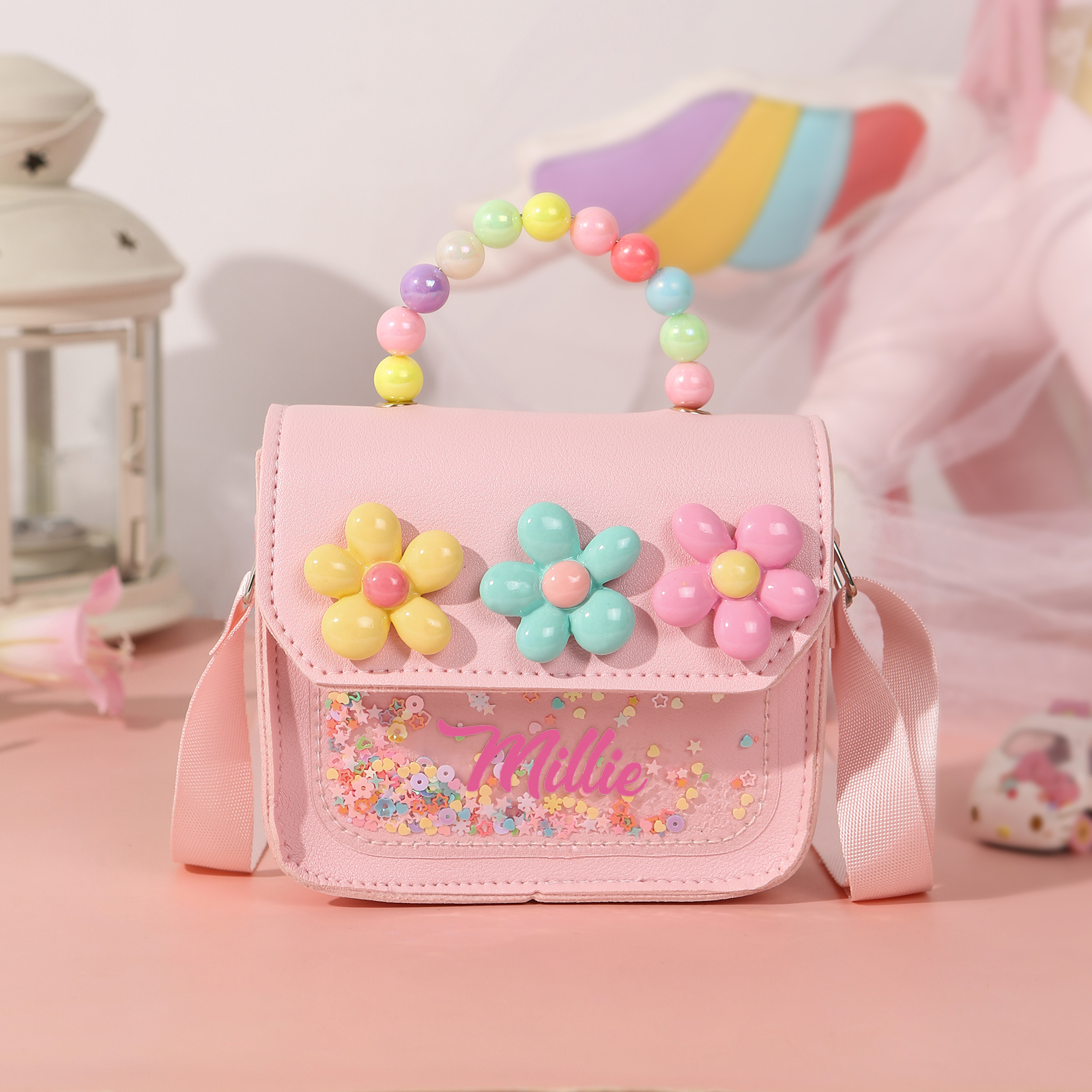 Personalised Kids’ Handbag with Colourful Beaded Handle & Flower Design – Custom Name, 5 Colours, Cute PU Shoulder Bag for Girls – Jessemade
