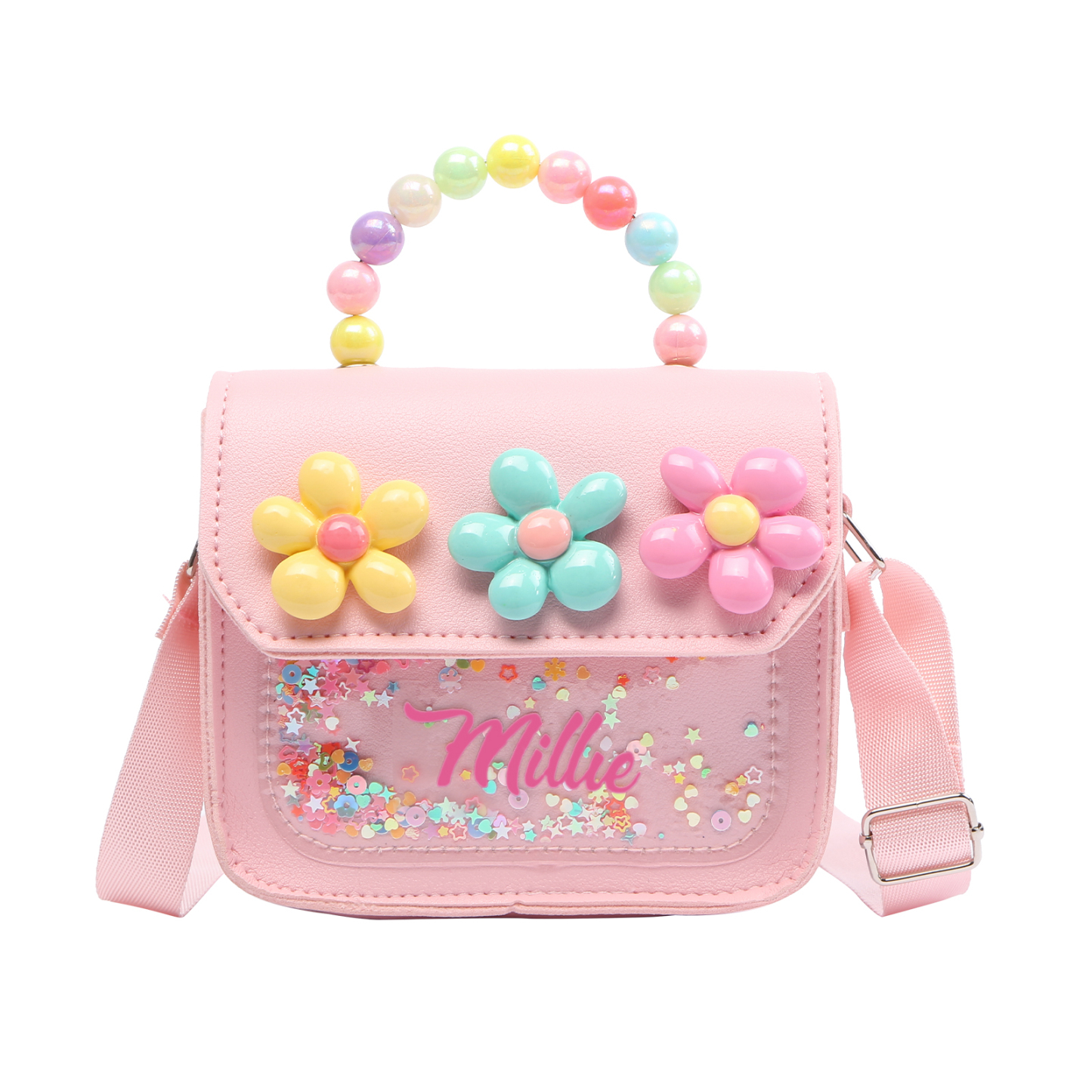Personalised Kids’ Handbag with Colourful Beaded Handle & Flower Design – Custom Name, 5 Colours, Cute PU Shoulder Bag for Girls – Jessemade