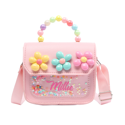 Personalised Kids’ Handbag with Colourful Beaded Handle & Flower Design – Custom Name, 5 Colours, Cute PU Shoulder Bag for Girls – Jessemade