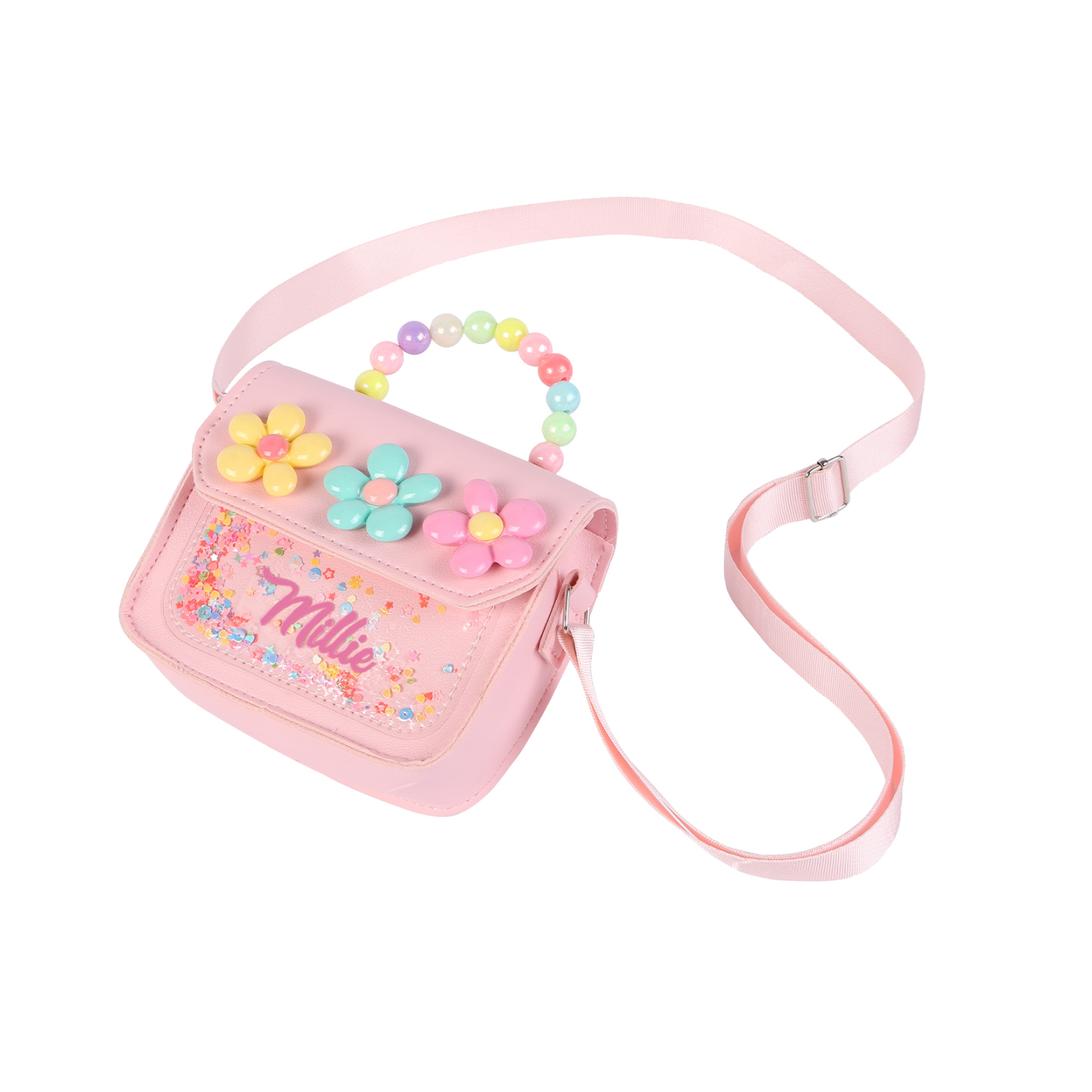 Personalised Kids’ Handbag with Colourful Beaded Handle & Flower Design – Custom Name, 5 Colours, Cute PU Shoulder Bag for Girls – Jessemade