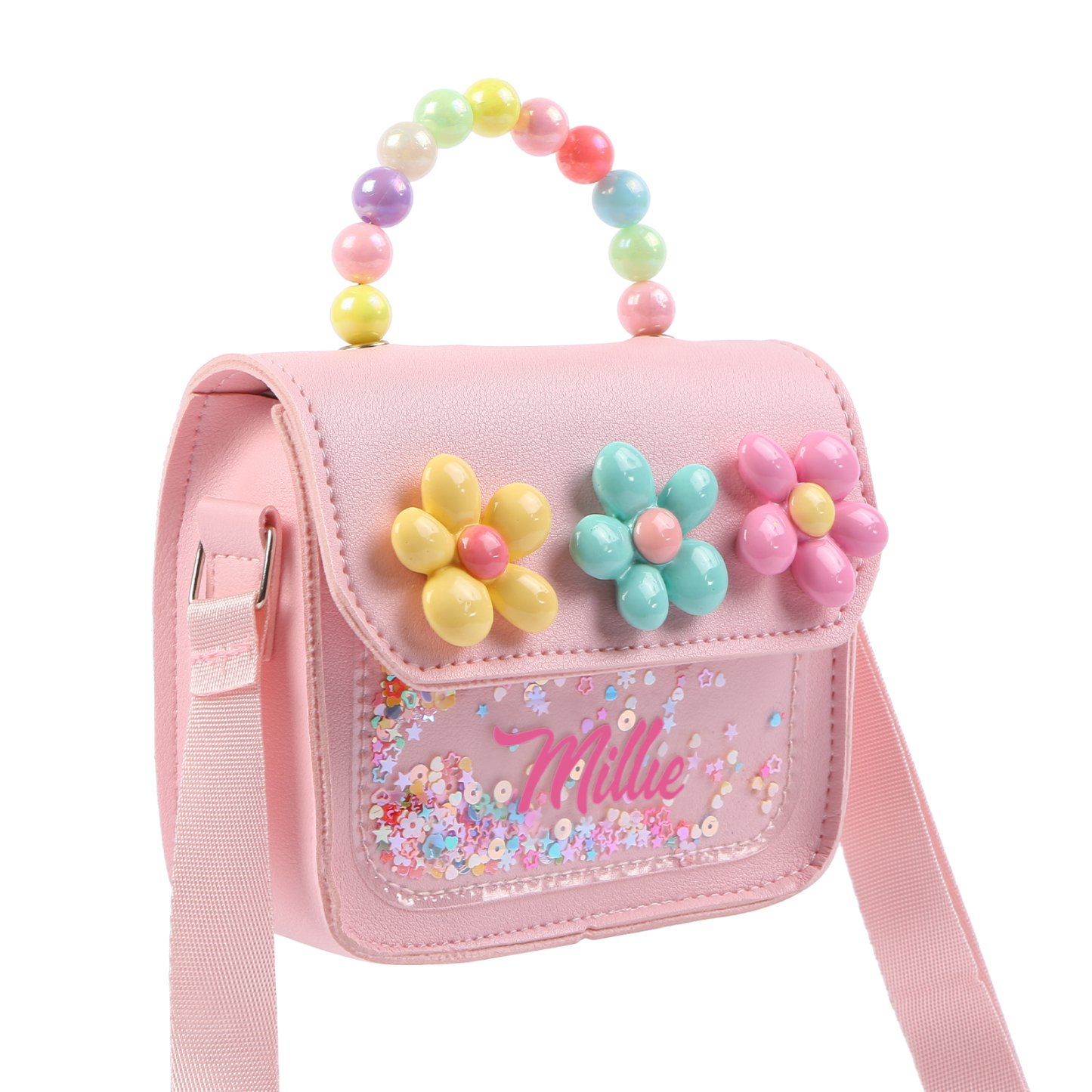Personalised Kids’ Handbag with Colourful Beaded Handle & Flower Design – Custom Name, 5 Colours, Cute PU Shoulder Bag for Girls – Jessemade
