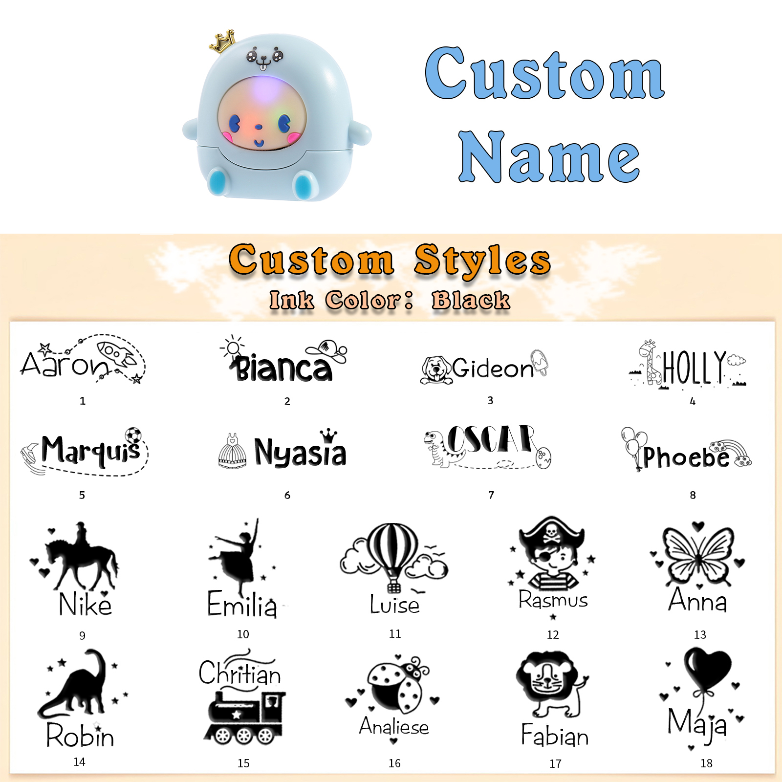 Personalized Name Stamp with Light Back-to-School Gift for Kids Black Ink