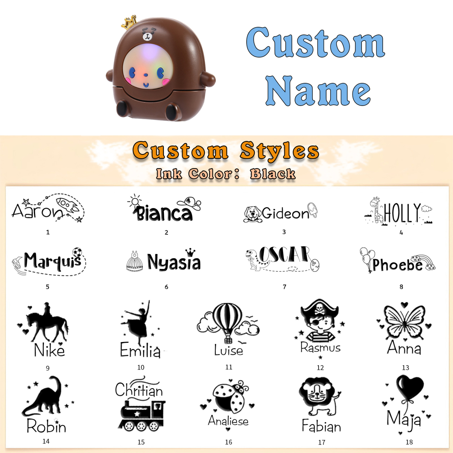 Personalized Name Stamp with Light Back-to-School Gift for Kids Black Ink