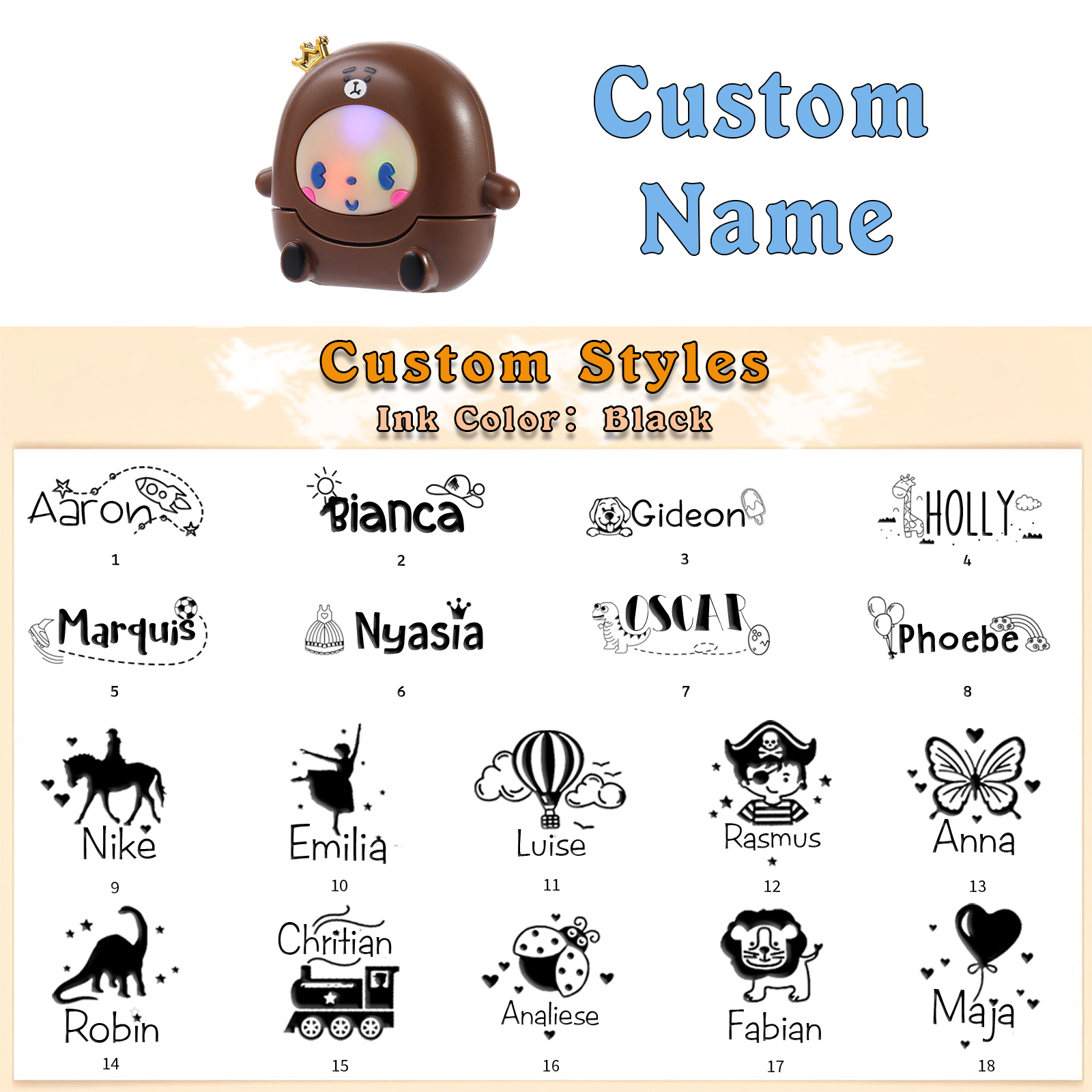 Personalized Name Stamp with Light Back-to-School Gift for Kids Black Ink