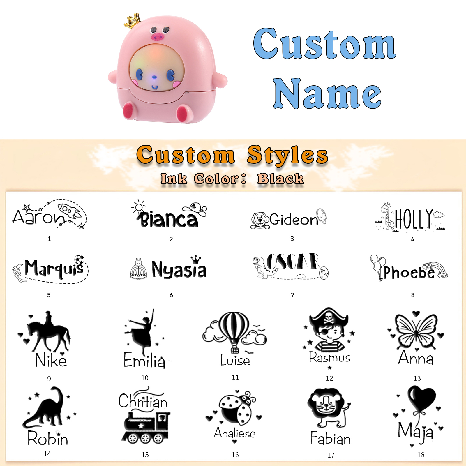 Personalized Name Stamp with Light Back-to-School Gift for Kids Black Ink