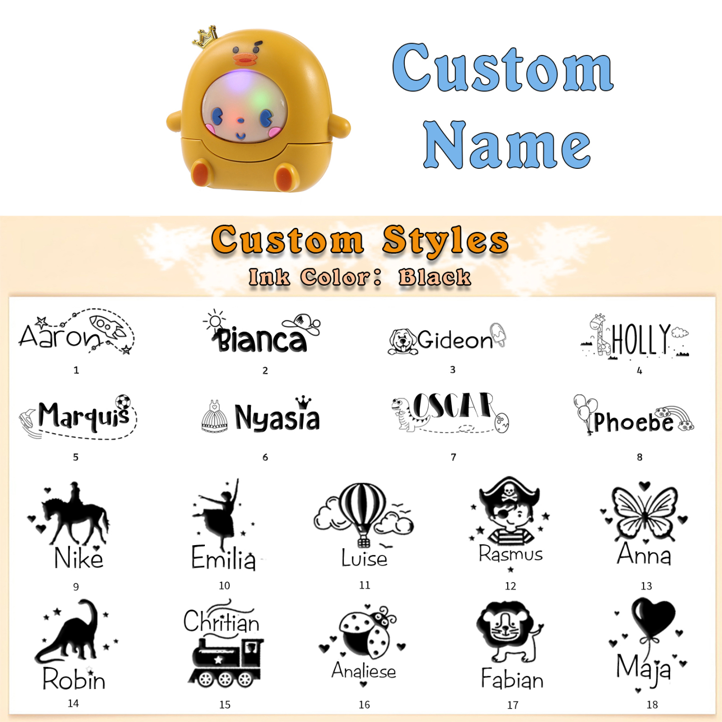 Personalized Name Stamp with Light Back-to-School Gift for Kids Black Ink