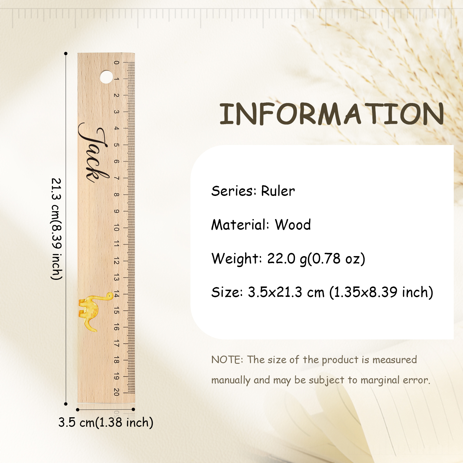 Dinosaur Personalised Engraved Children's Name Wooden Ruler - Back to School Supplier Gift for Kids