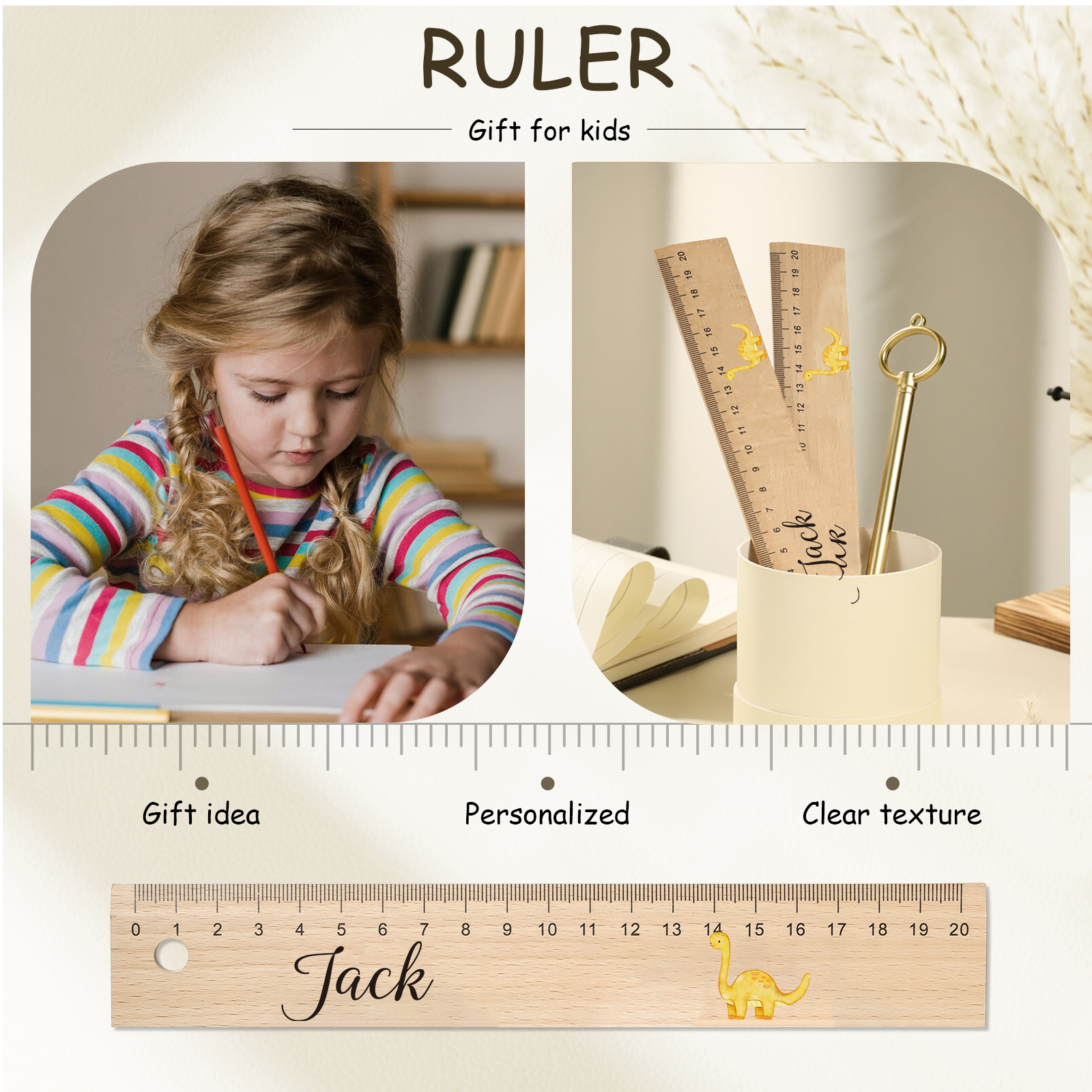 Dinosaur Personalised Engraved Children's Name Wooden Ruler - Back to School Supplier Gift for Kids