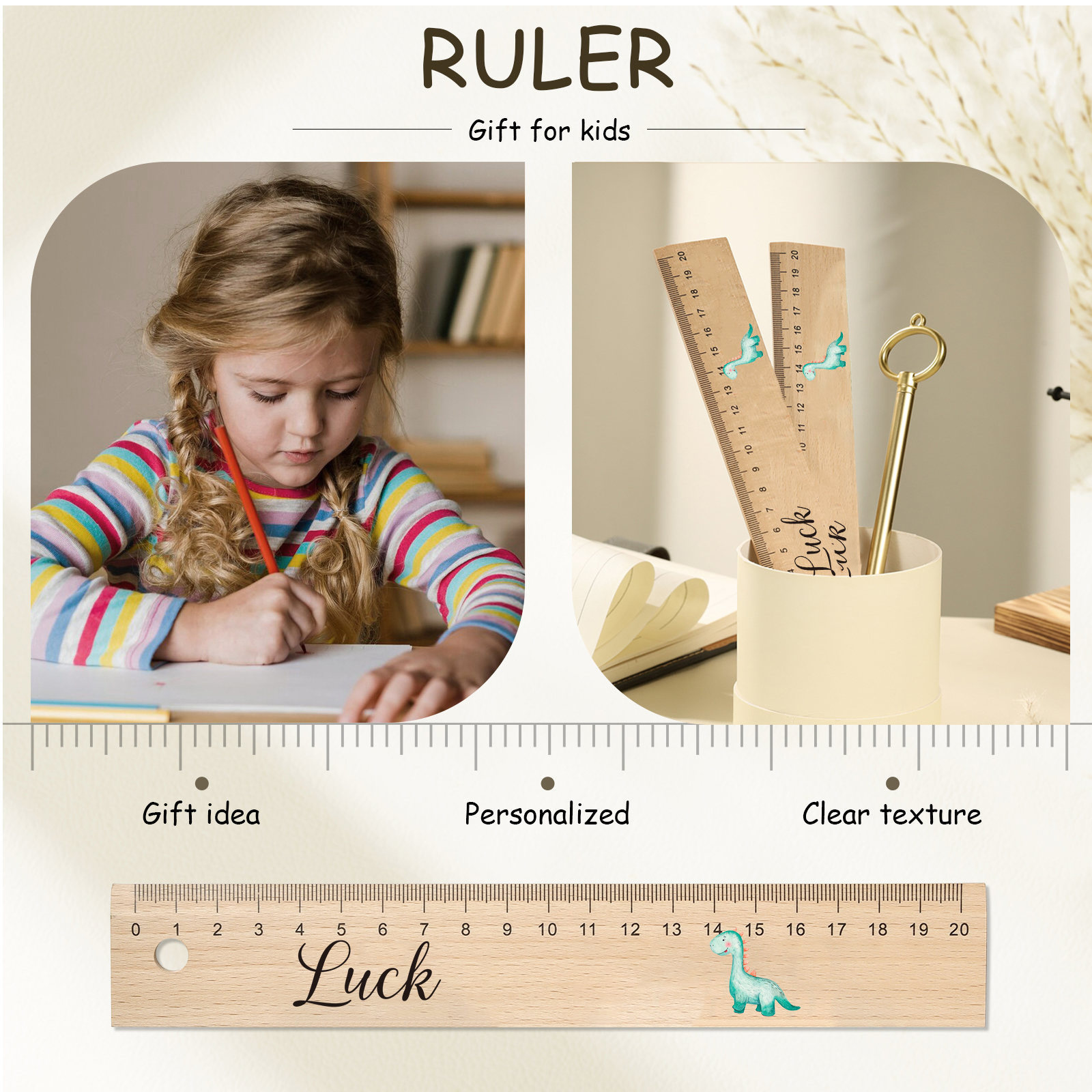 Dinosaur Personalised Engraved Children's Name Wooden Ruler - Back to School Supplier Gift for Kids