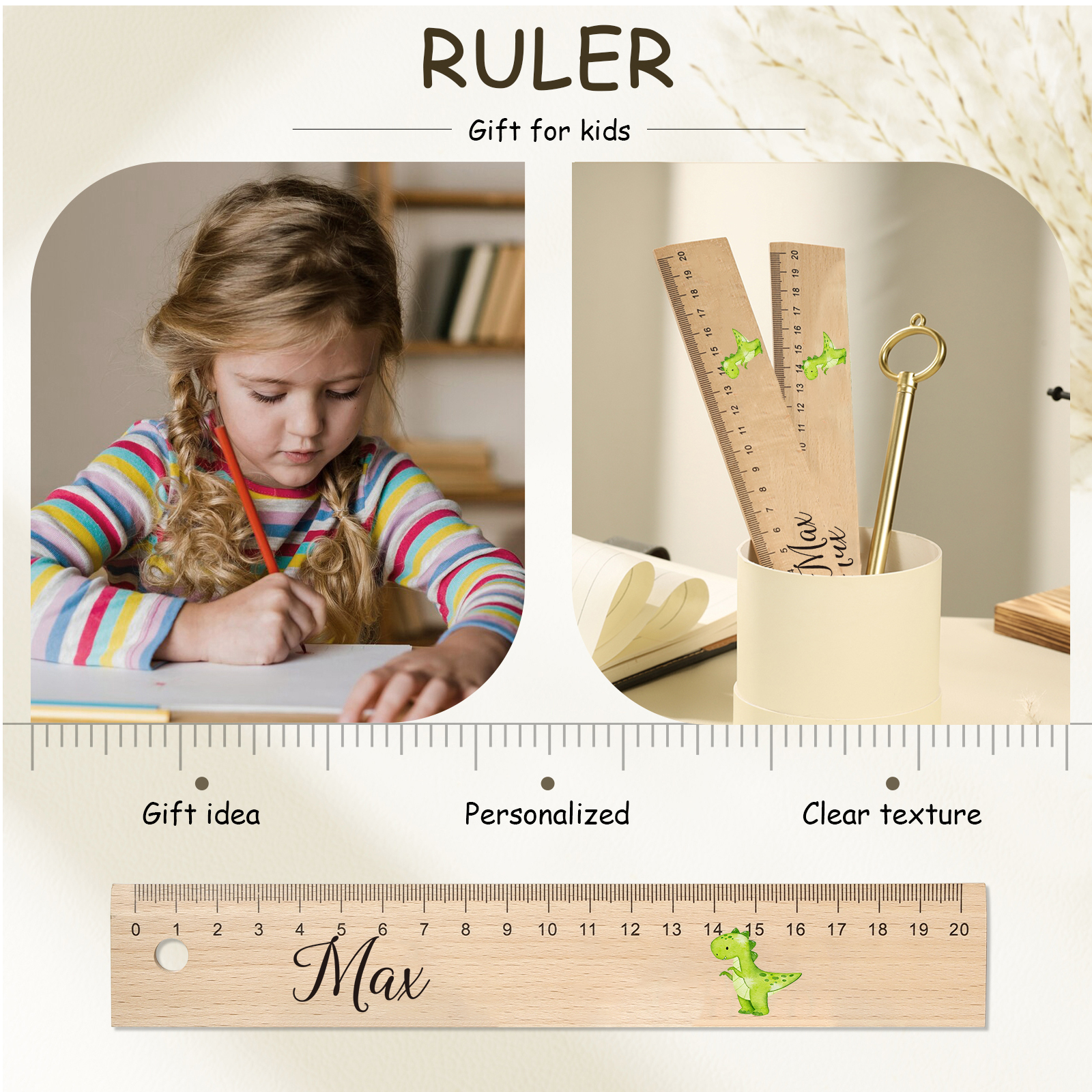 Dinosaur Personalised Engraved Children's Name Wooden Ruler - Back to School Supplier Gift for Kids