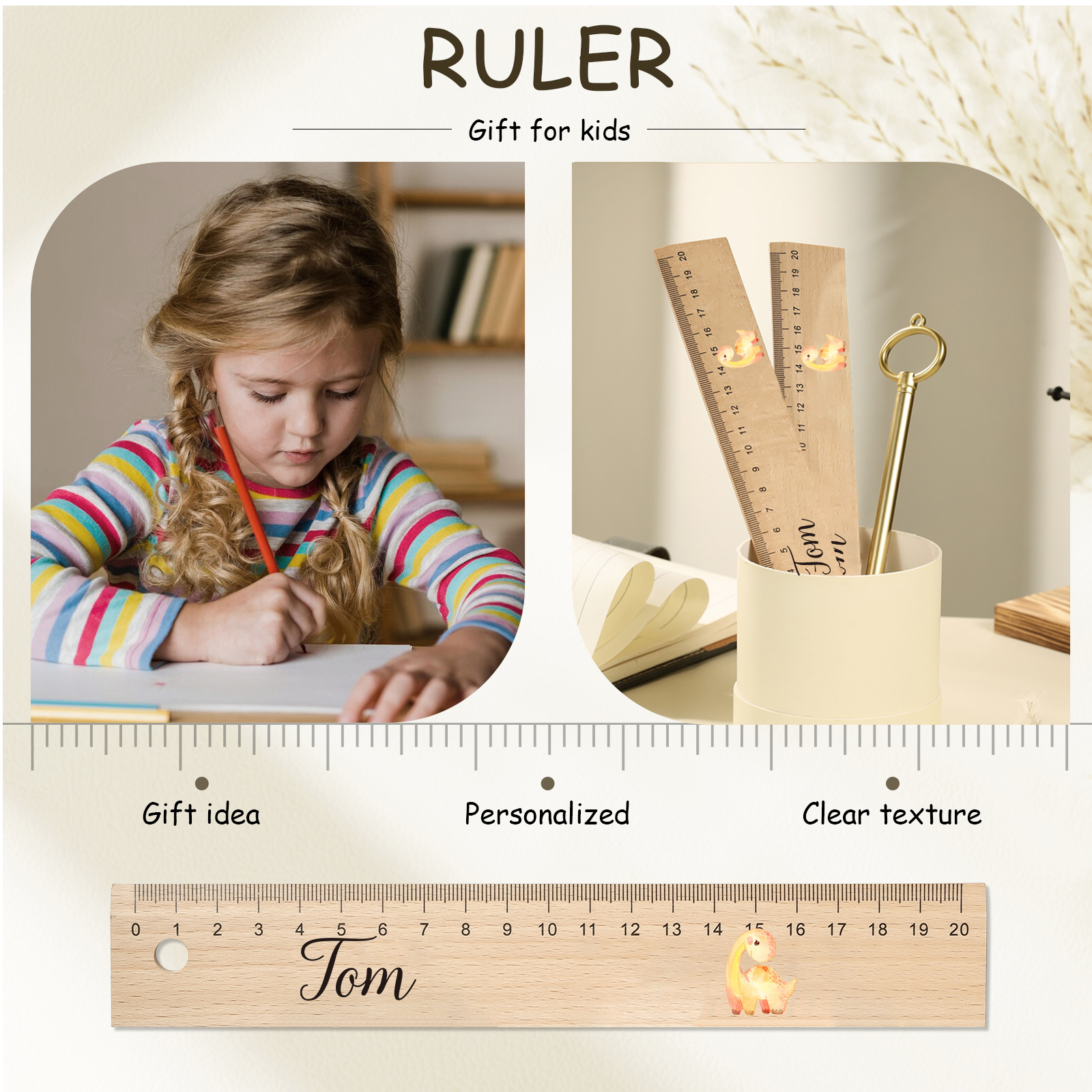 Dinosaur Personalised Engraved Children's Name Wooden Ruler - Back to School Supplier Gift for Kids