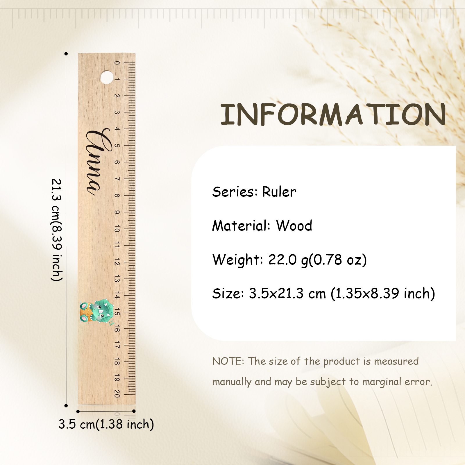 Dinosaur Personalised Engraved Children's Name Wooden Ruler - Back to School Supplier Gift for Kids