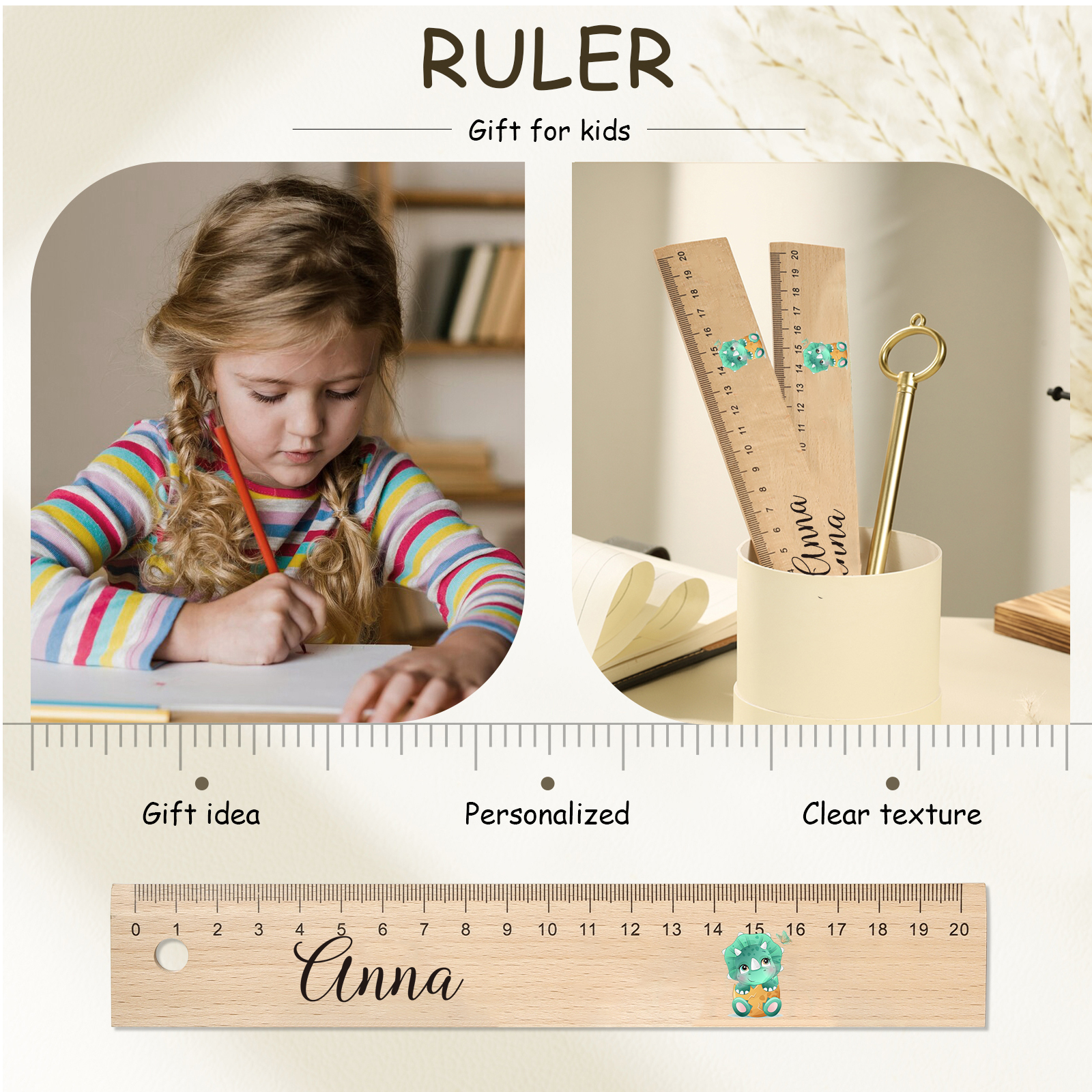 Dinosaur Personalised Engraved Children's Name Wooden Ruler - Back to School Supplier Gift for Kids
