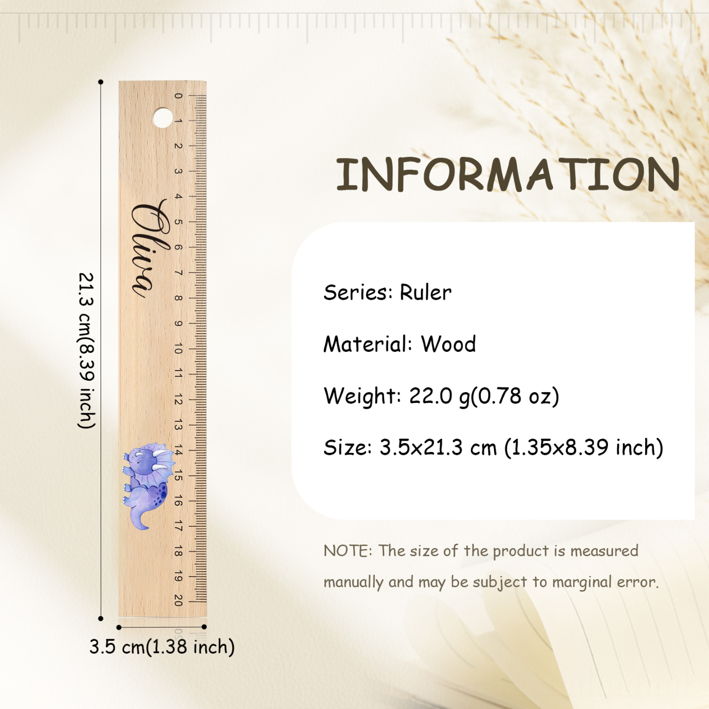 Dinosaur Personalised Engraved Children's Name Wooden Ruler - Back to School Supplier Gift for Kids