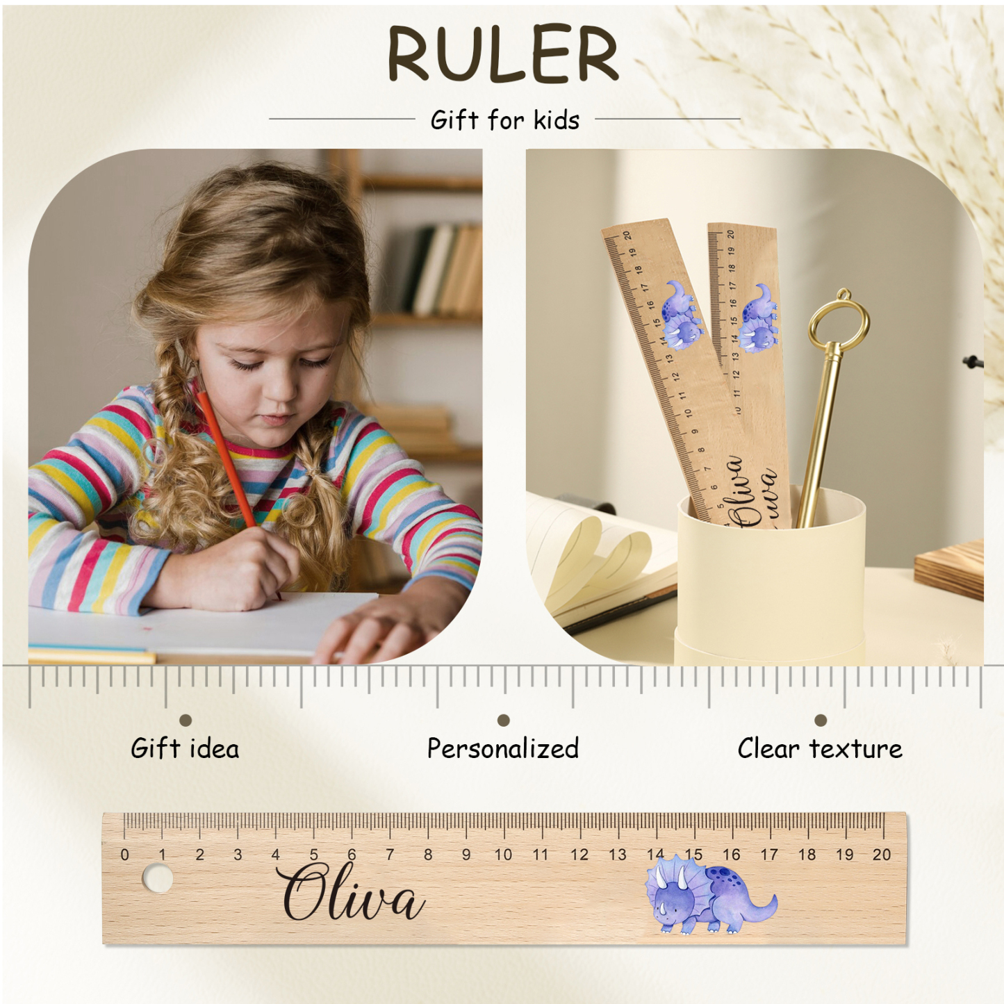 Dinosaur Personalised Engraved Children's Name Wooden Ruler - Back to School Supplier Gift for Kids