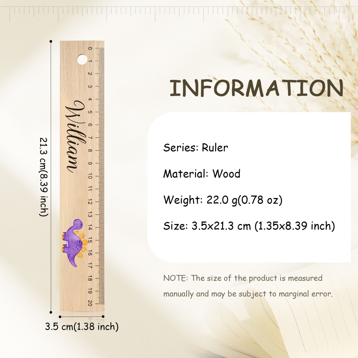 Dinosaur Personalised Engraved Children's Name Wooden Ruler - Back to School Supplier Gift for Kids