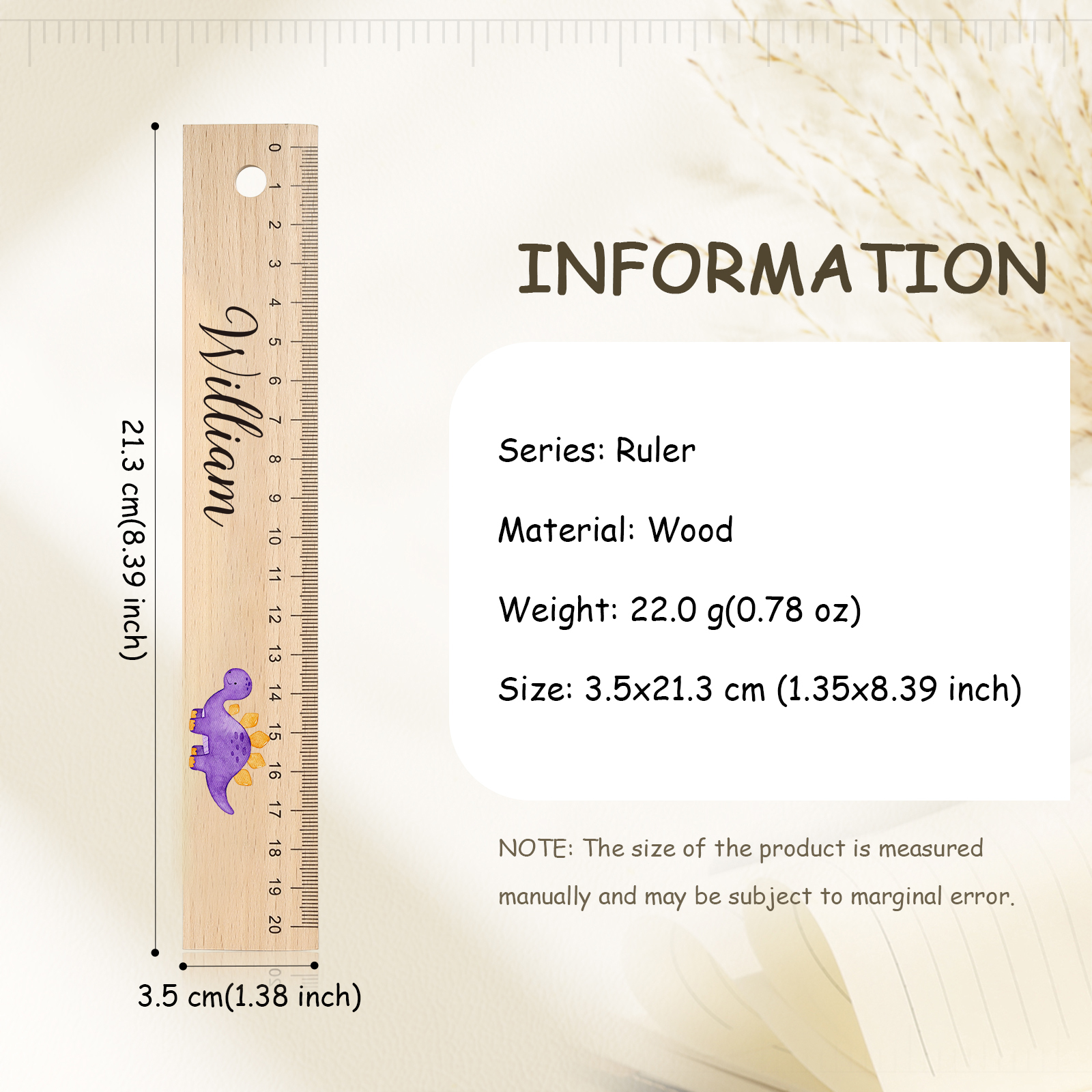 Dinosaur Personalised Engraved Children's Name Wooden Ruler - Back to School Supplier Gift for Kids