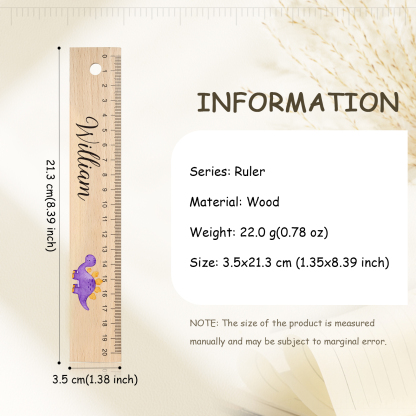 Dinosaur Personalised Engraved Children's Name Wooden Ruler - Back to School Supplier Gift for Kids