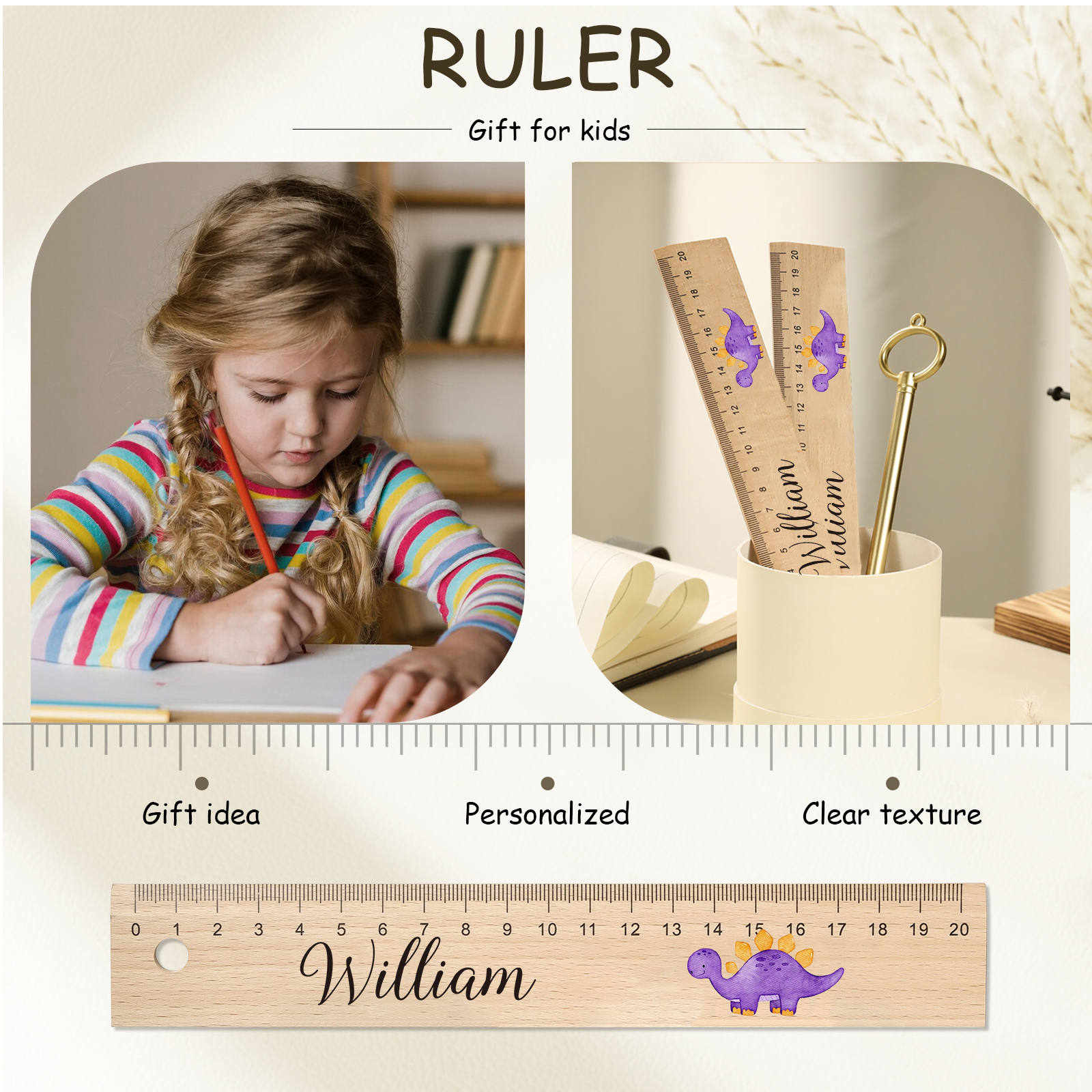 Dinosaur Personalised Engraved Children's Name Wooden Ruler - Back to School Supplier Gift for Kids