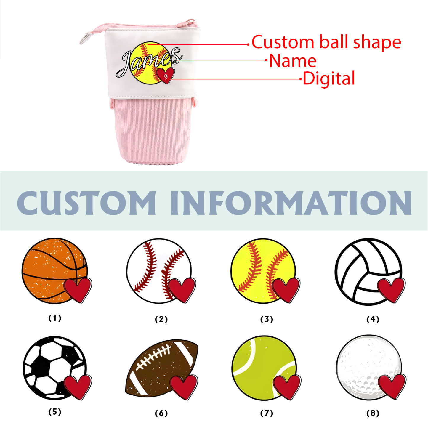 Personalized Pencil Case Customized Name & Ball & Number Pencil Case Back to School Gift for Boys Girls