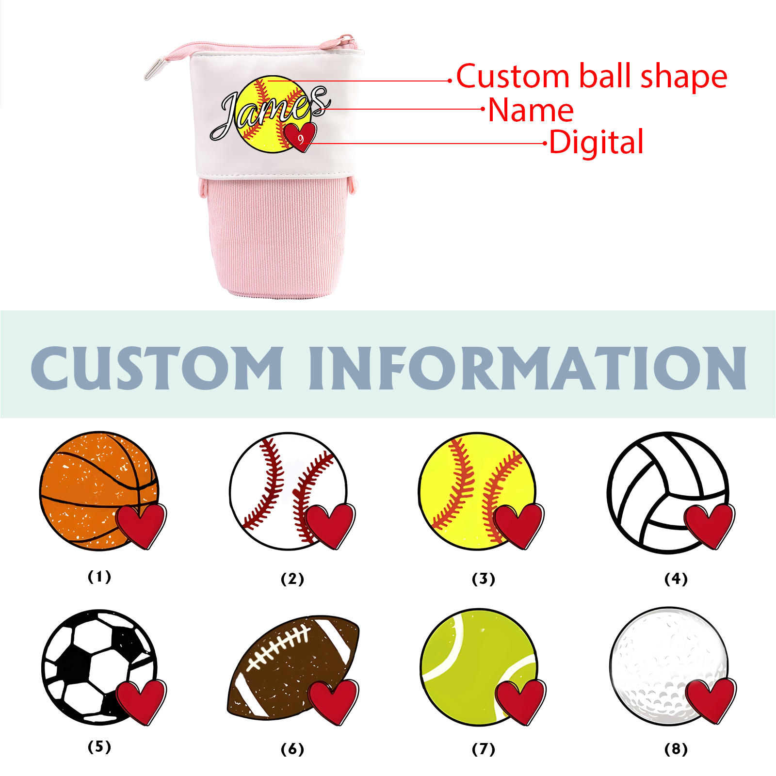 Personalized Pencil Case Customized Name & Ball & Number Pencil Case Back to School Gift for Boys Girls