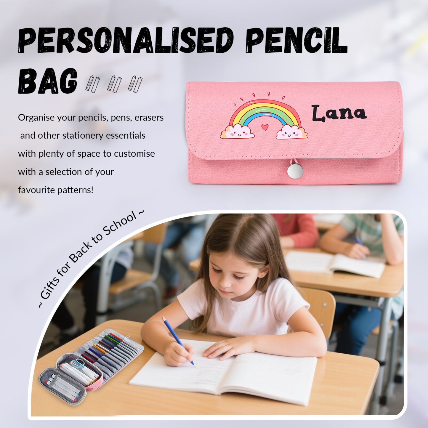 Personalised Cute Pencil Case with Custom Name & Pattern for Kids | Jessemade