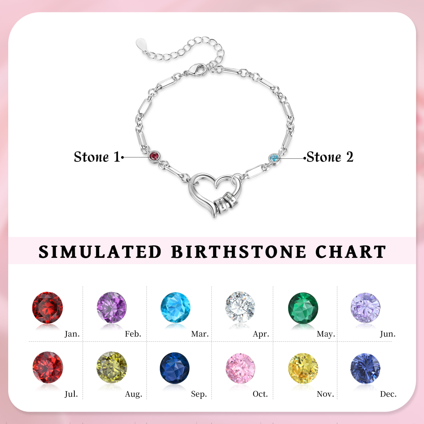 Personalised Adjustable Heart Link Birthstone Bracelet