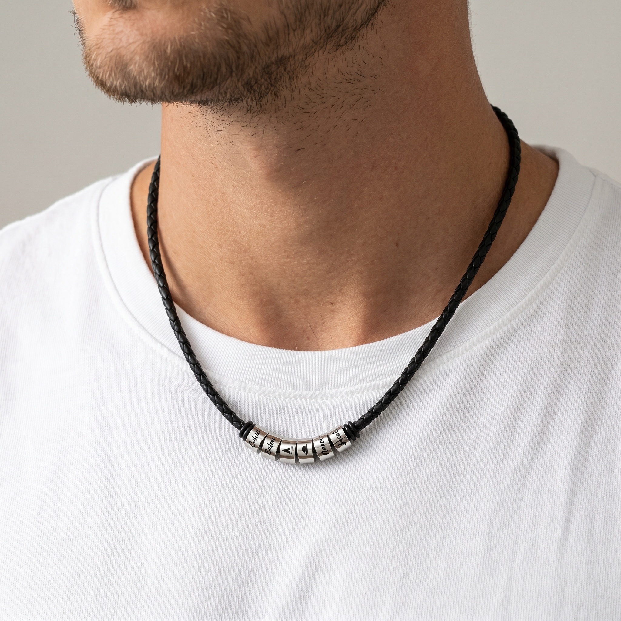Personalised Braided PU Leather Name Bead Necklace for Men (1–6 Names)